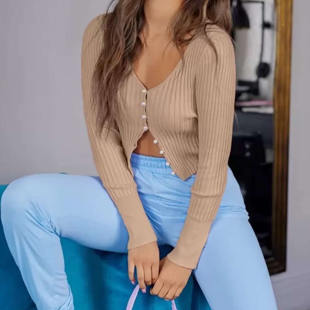 SHEIN Tan Ribbed Knit Cardigan Sweater